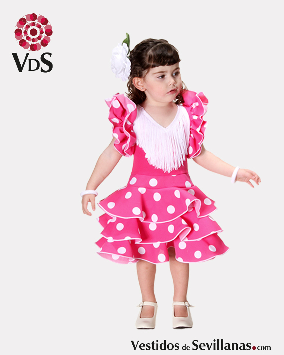Traje de flamenca para ni&ntilde;a, en color rosa fucsia y lunares